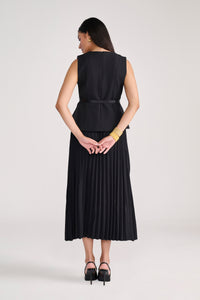 Tailored Black Pleated Long Skirt with Peplum Top & belt