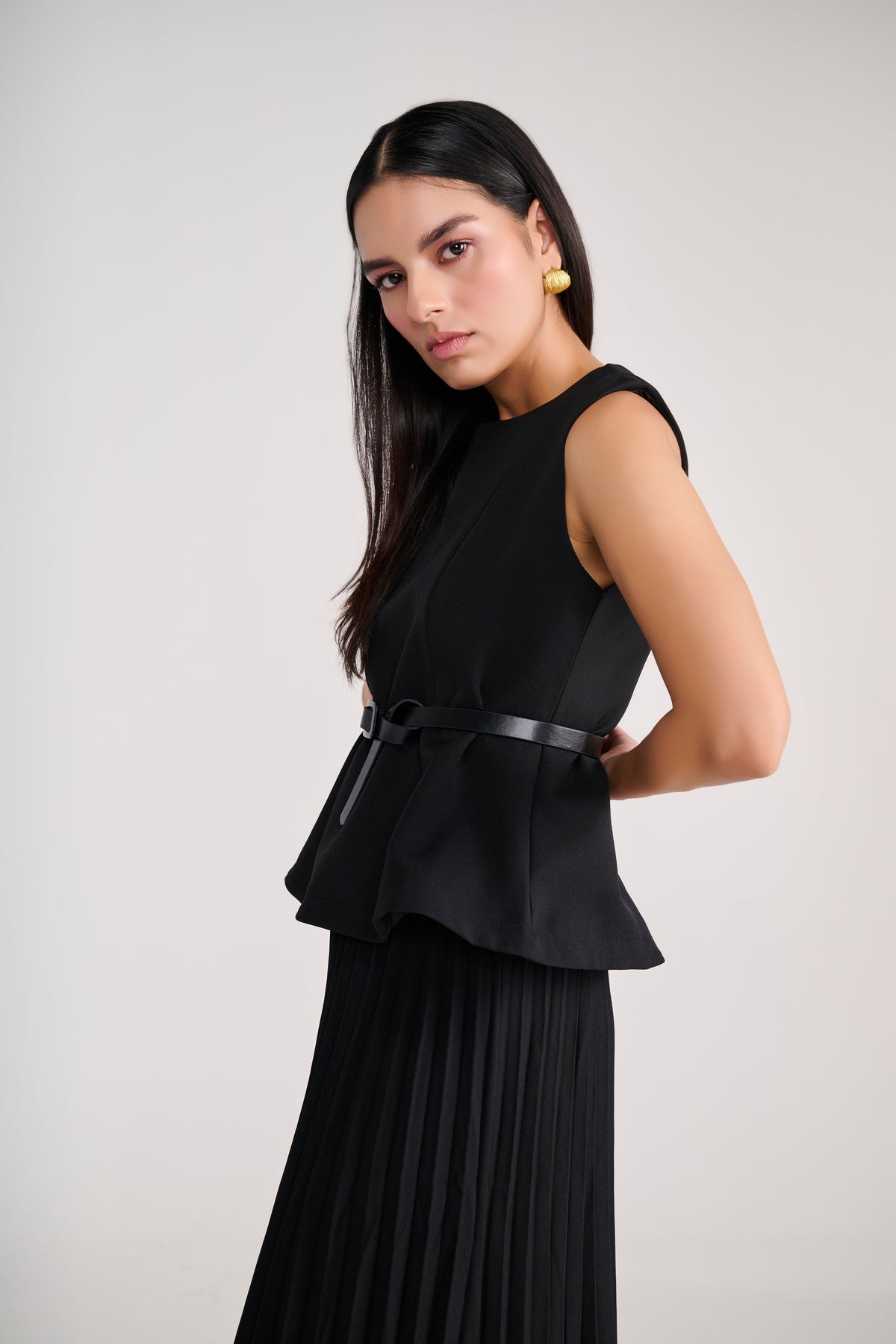 Tailored Black Pleated Long Skirt with Peplum Top & belt