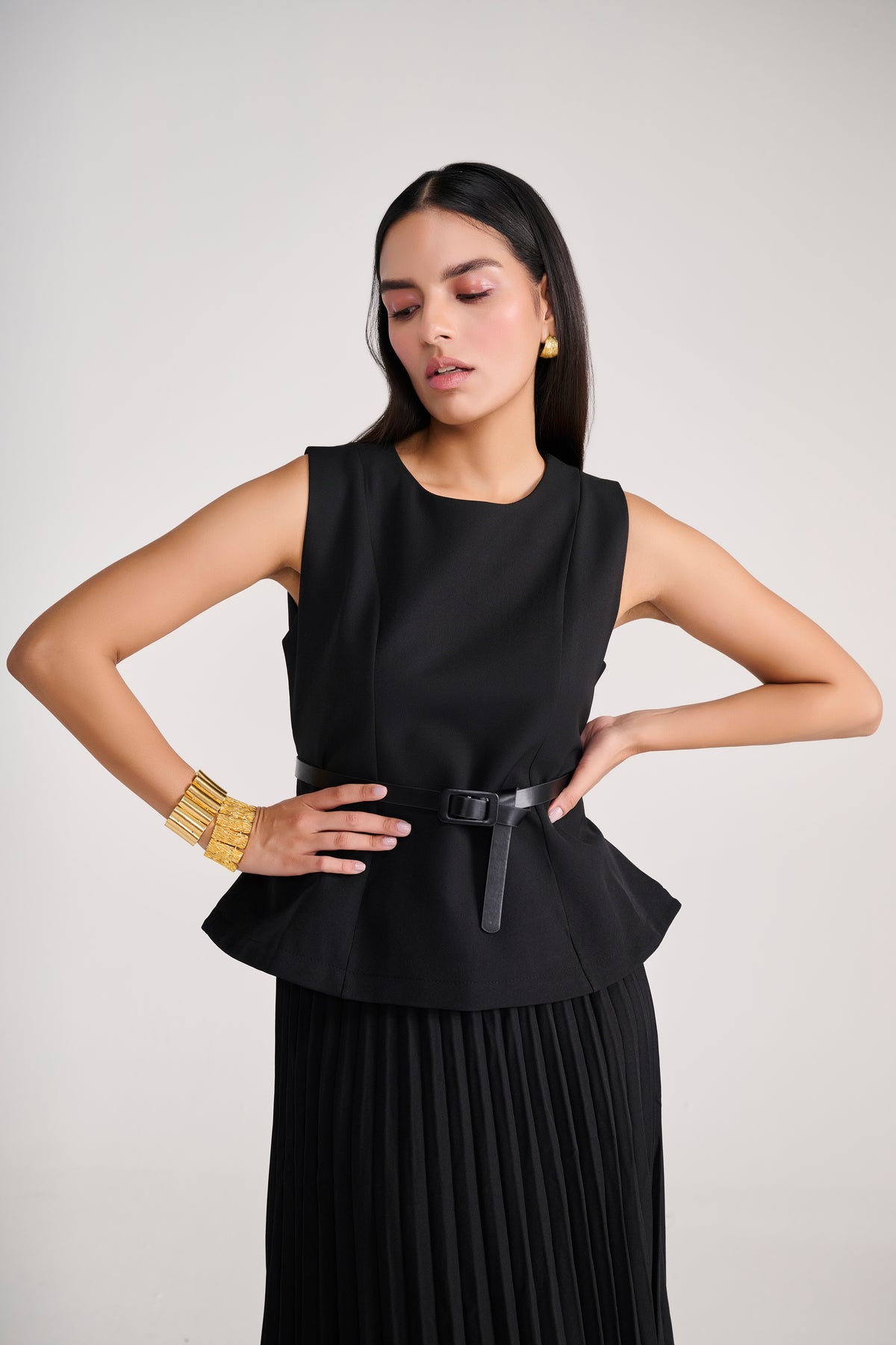 Tailored Black Pleated Long Skirt with Peplum Top & belt