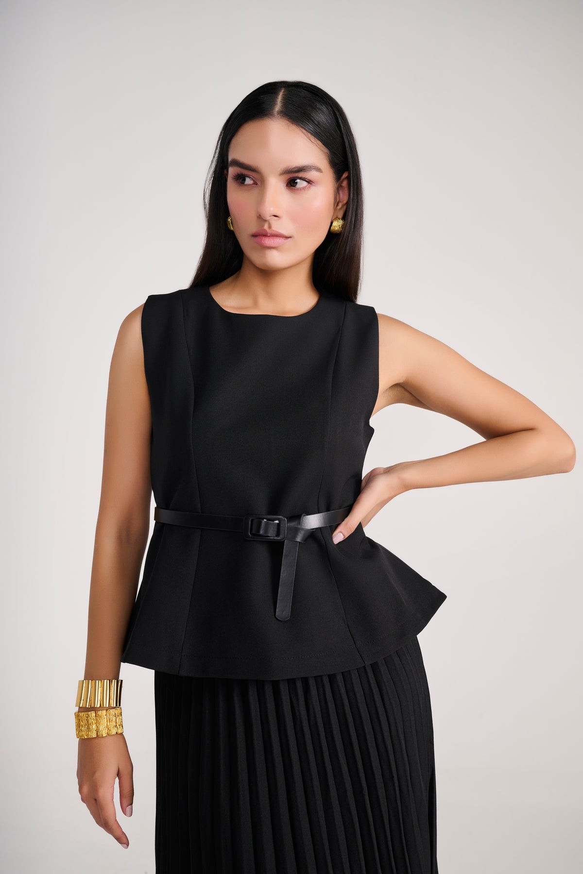 Tailored Black Pleated Long Skirt with Peplum Top & belt
