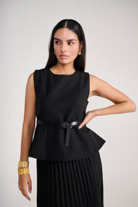 Tailored Black Pleated Long Skirt with Peplum Top & belt