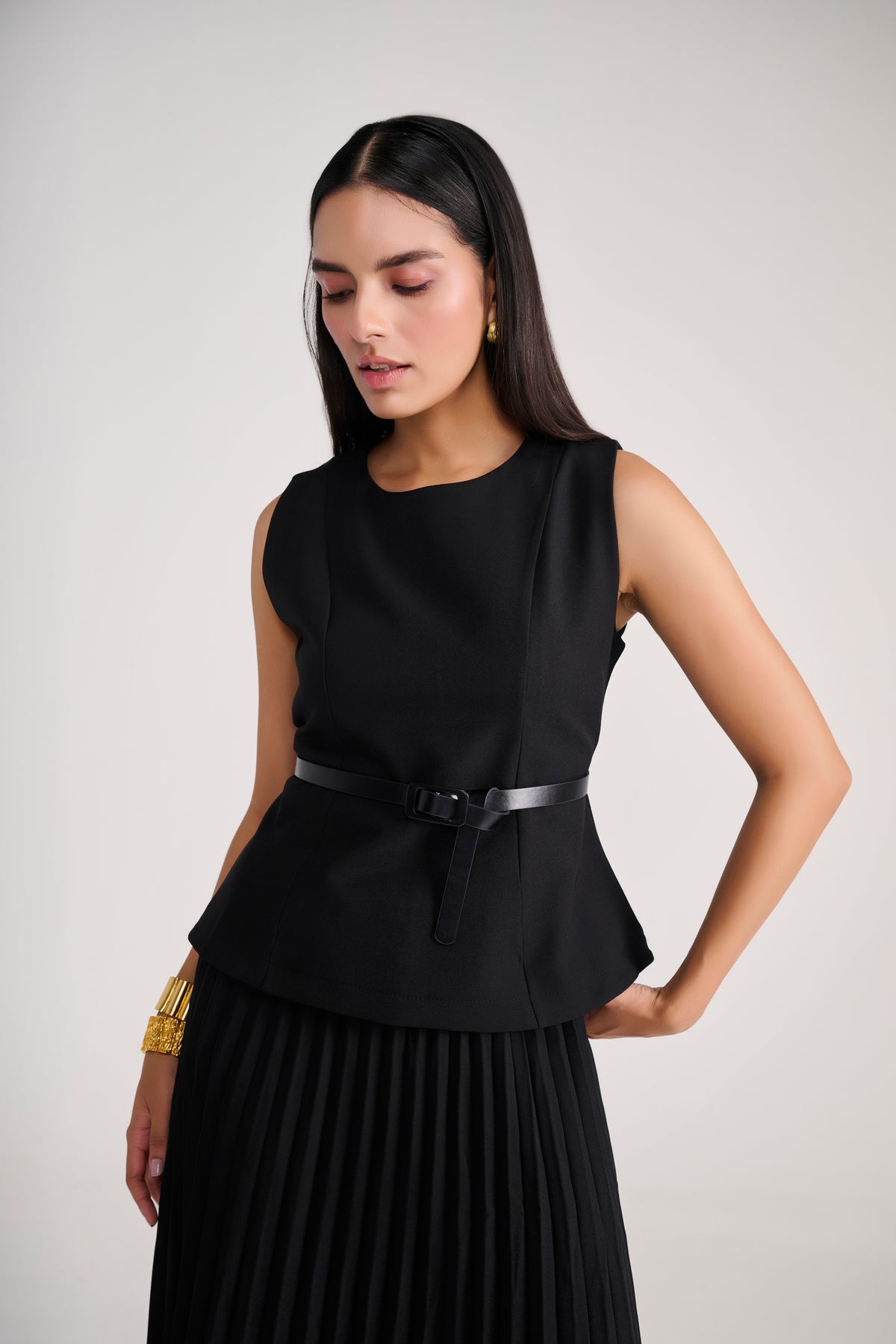 Tailored Black Pleated Long Skirt with Peplum Top & belt