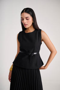 Tailored Black Pleated Long Skirt with Peplum Top & belt