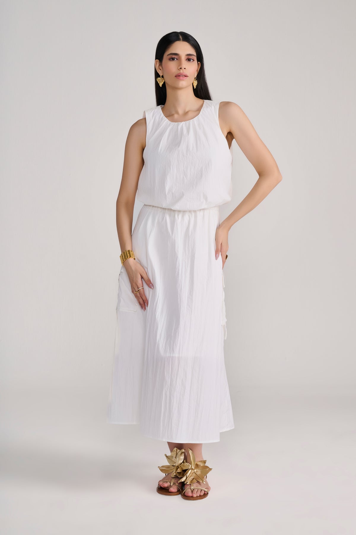 White Sleeveless Parachute Midi Dress