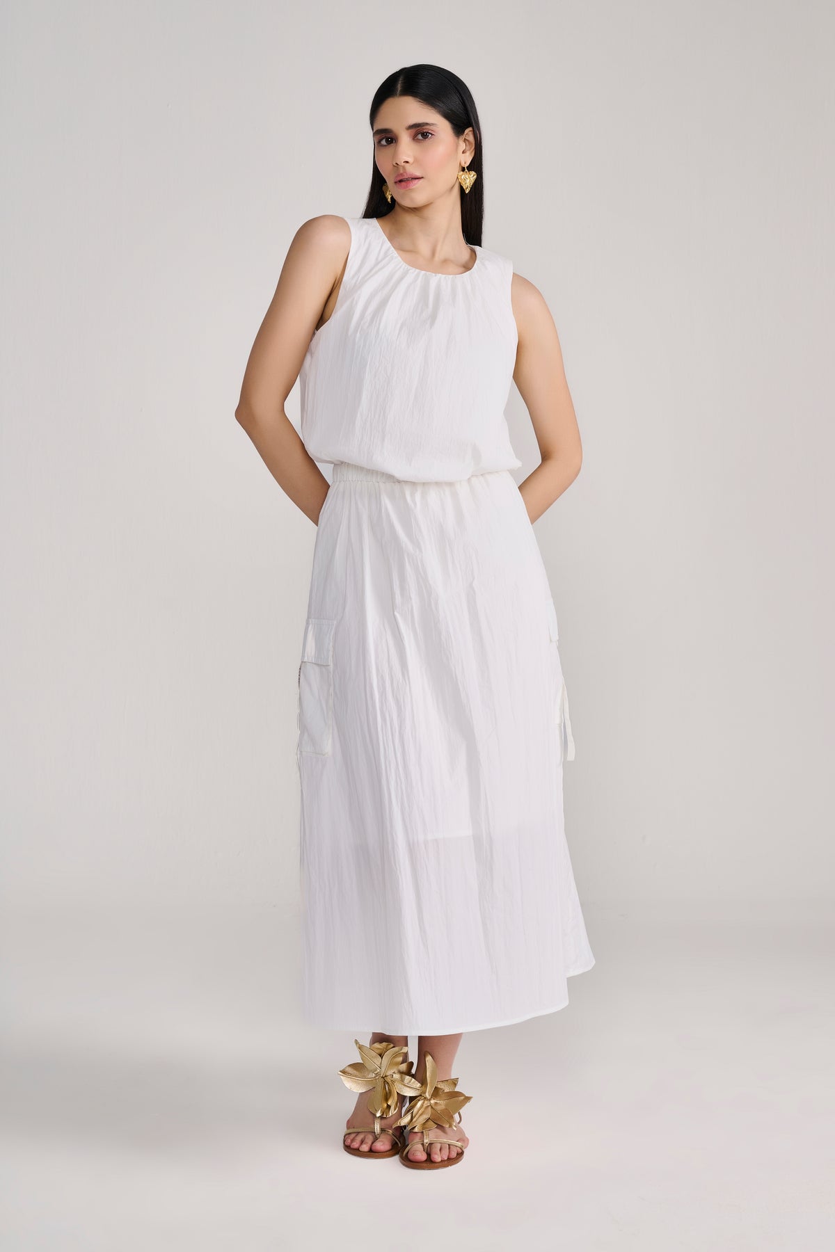 White Sleeveless Parachute Midi Dress