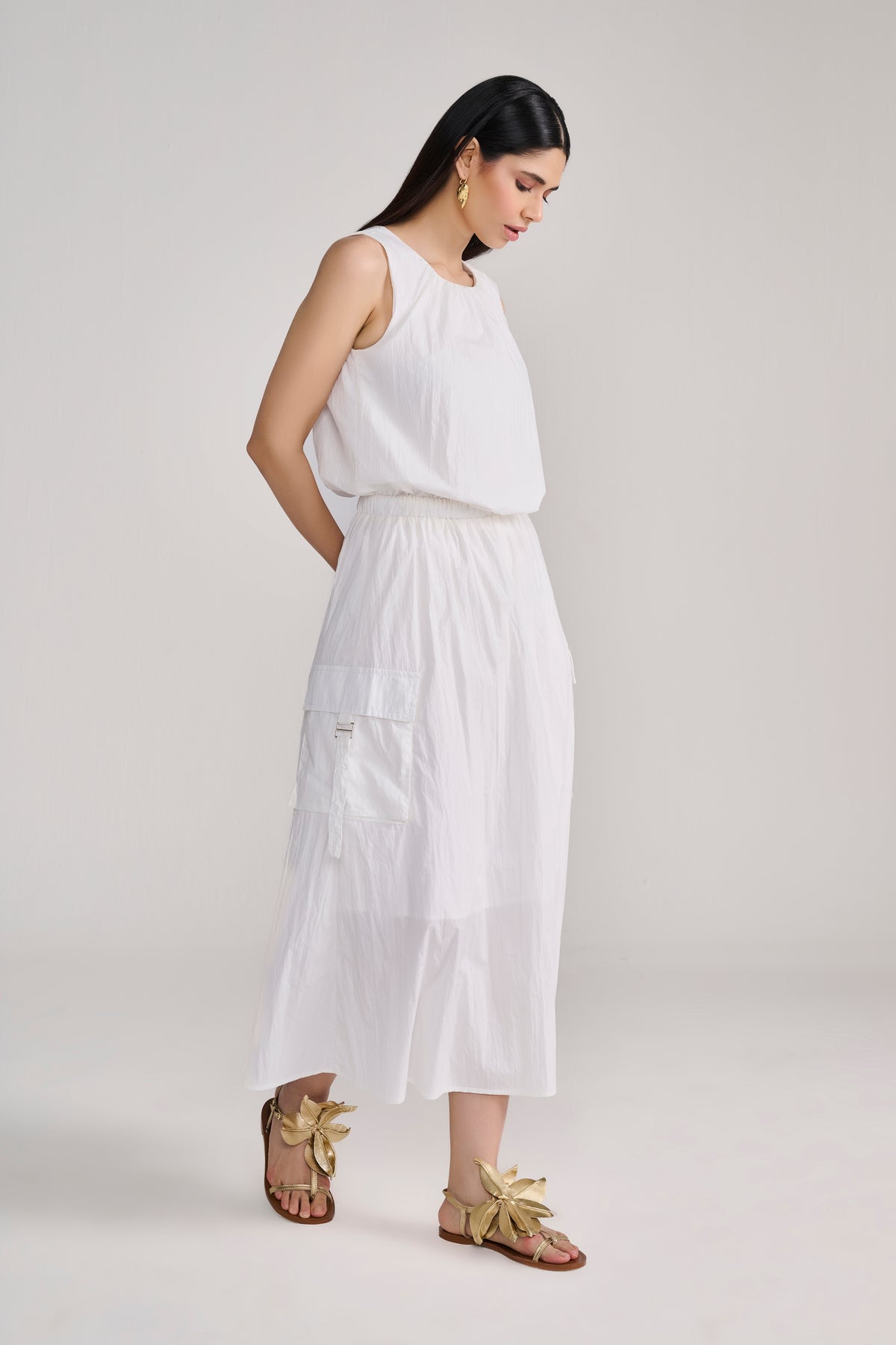 White Sleeveless Parachute Midi Dress