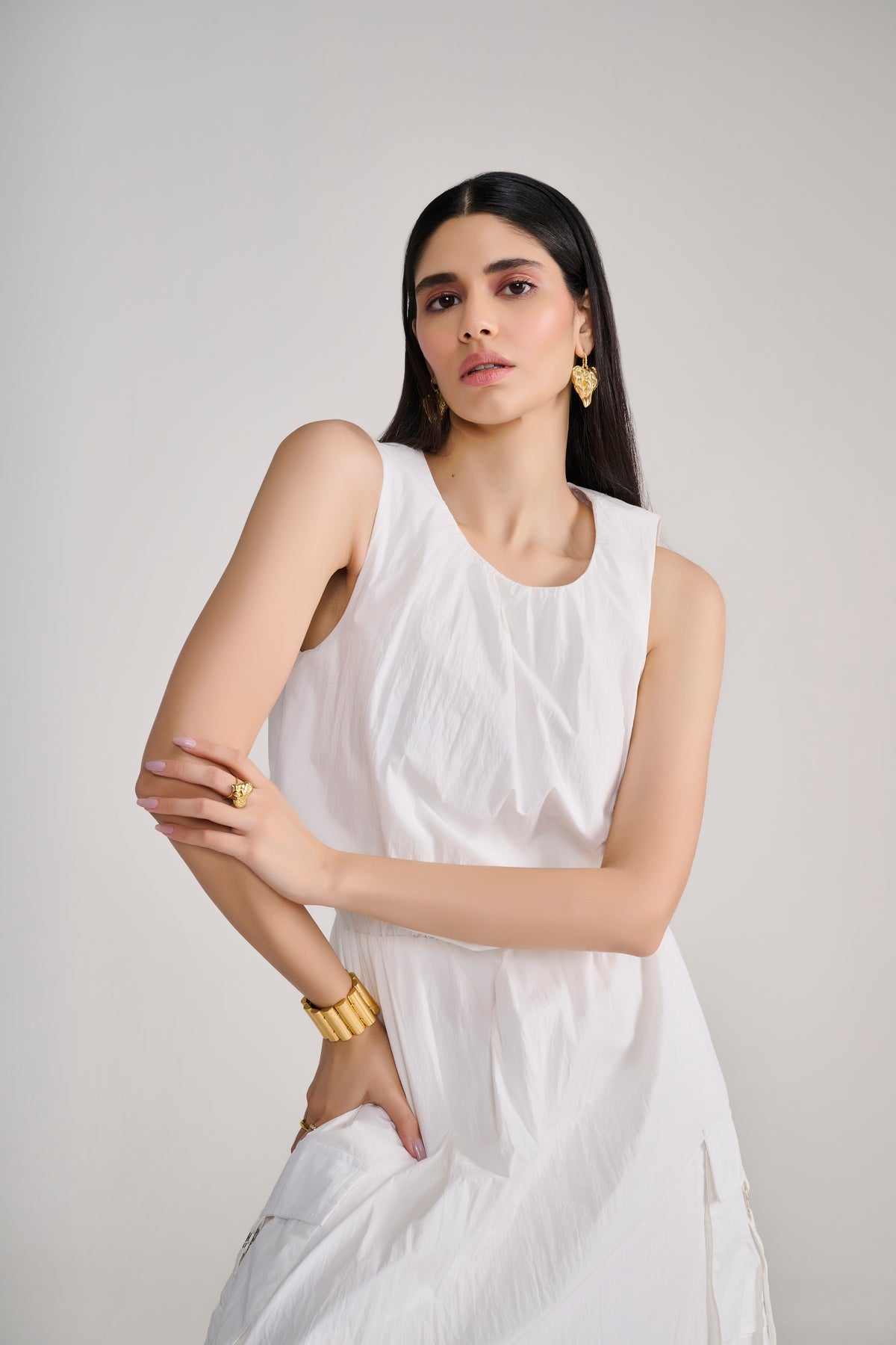 White Sleeveless Parachute Midi Dress