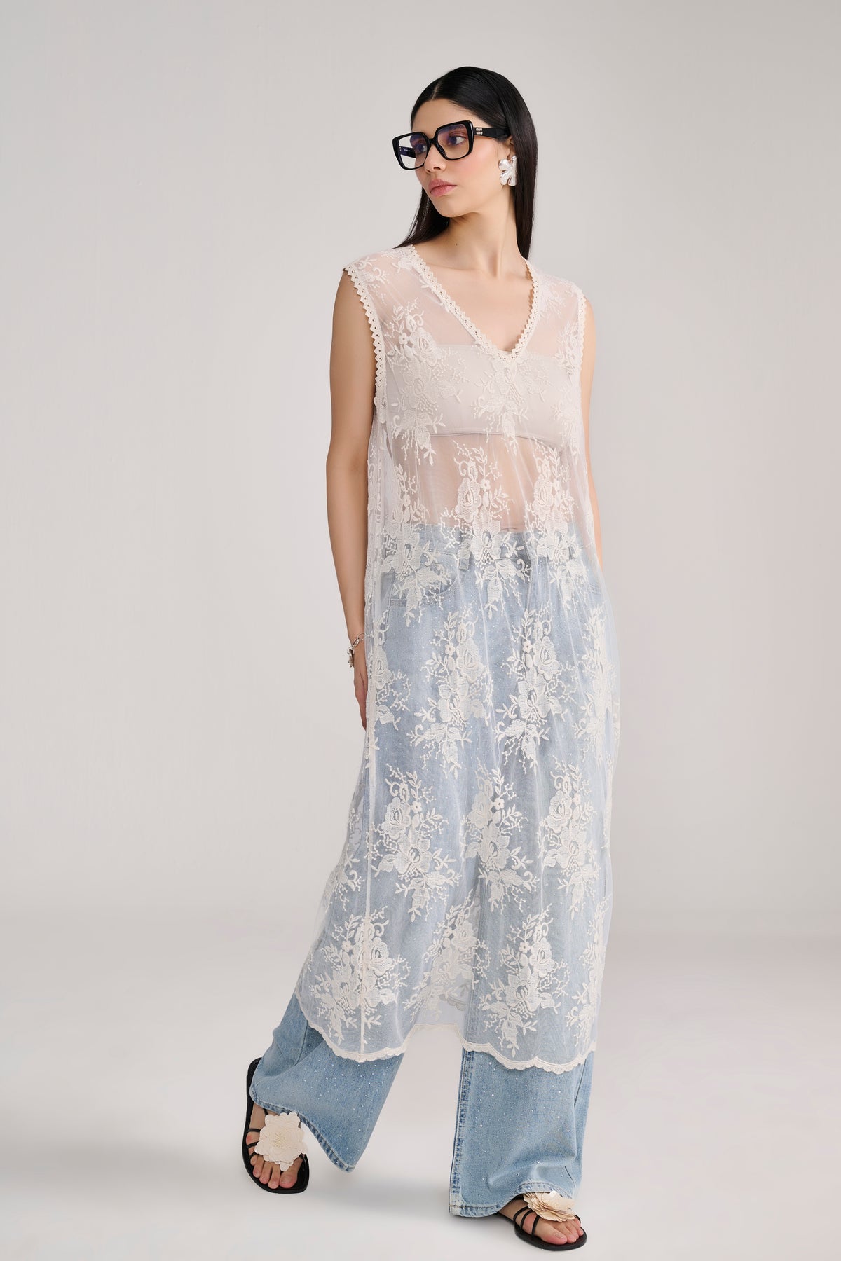 Cream Floral Lace Sheer Long Top