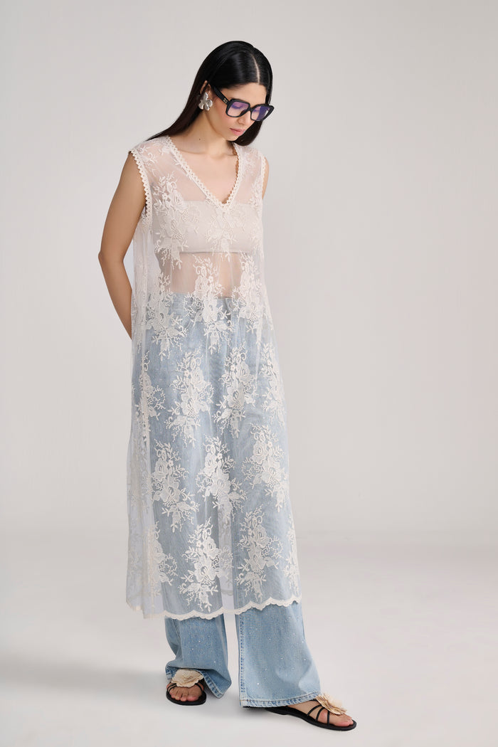 Cream Floral Lace Sheer Long Top
