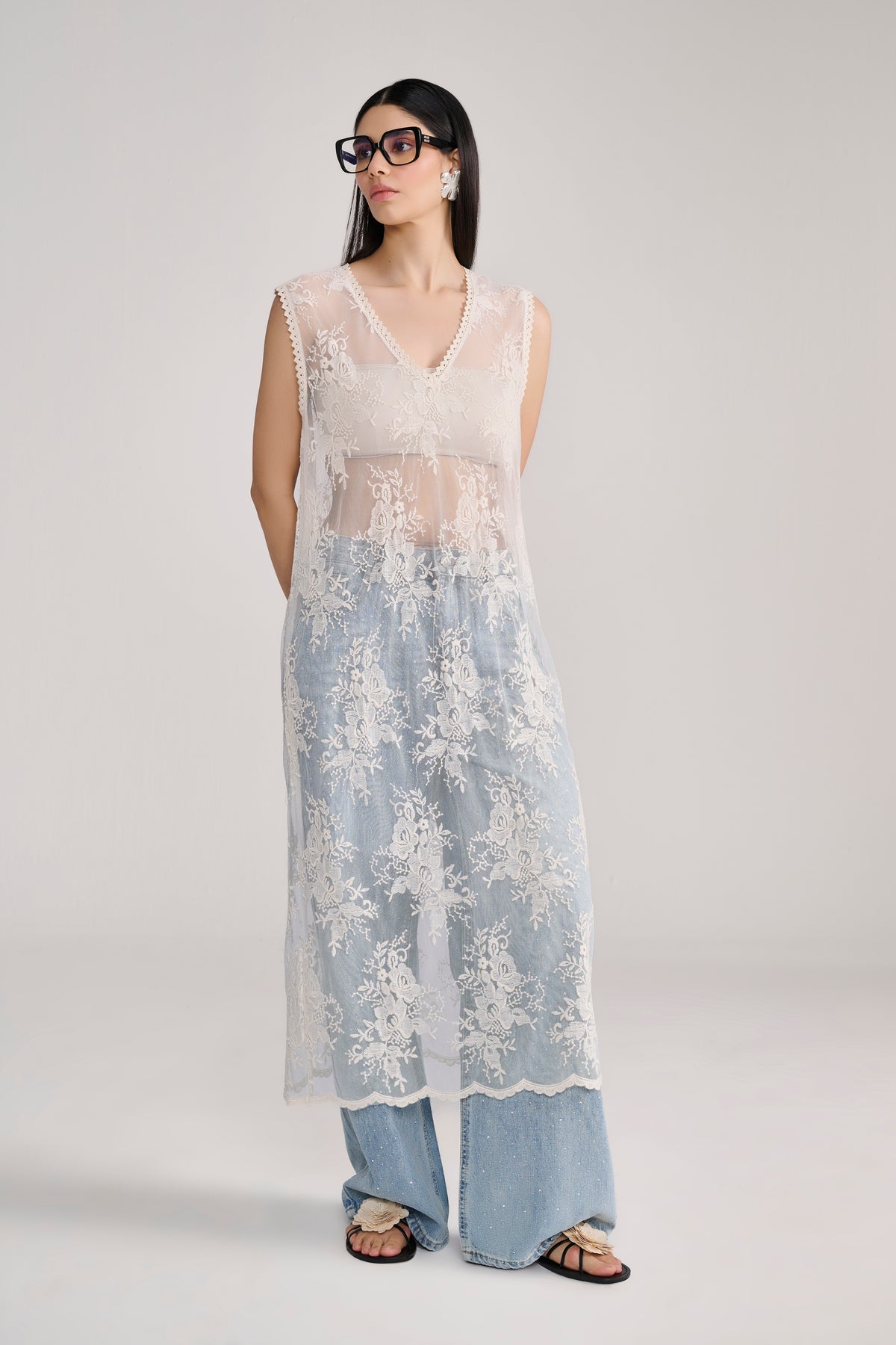 Cream Floral Lace Sheer Long Top