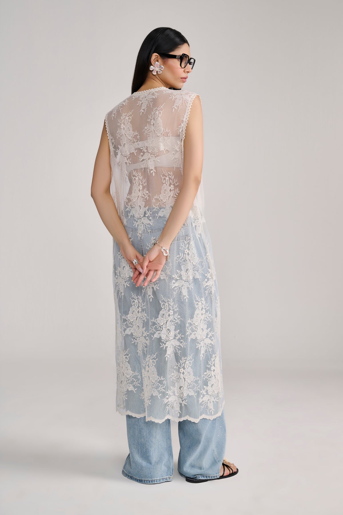 Cream Floral Lace Sheer Long Top