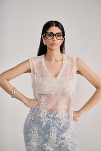 Cream Floral Lace Sheer Long Top