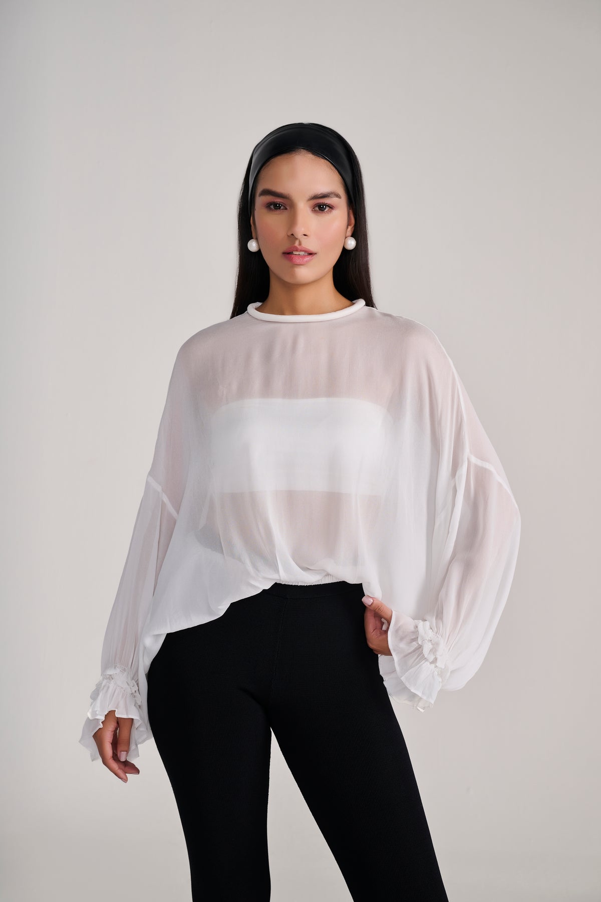 White Sheer Chiffon Full Sleeves Top With Ruffle Detail on Cuff