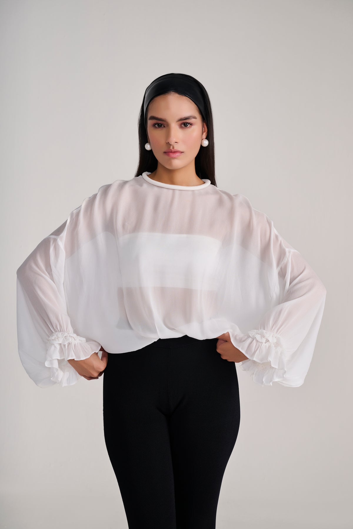 White Sheer Chiffon Full Sleeves Top With Ruffle Detail on Cuff