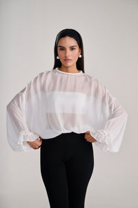 White Sheer Chiffon Full Sleeves Top With Ruffle Detail on Cuff