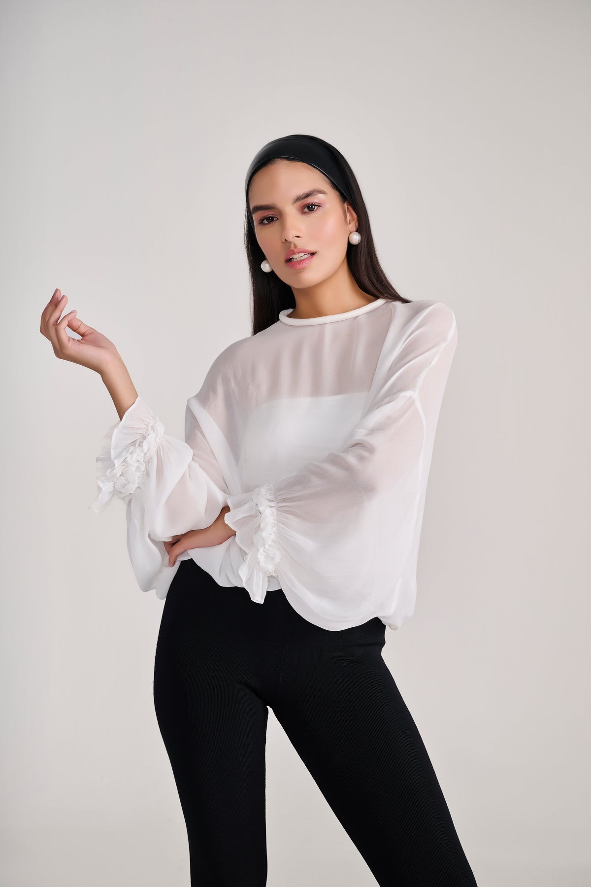 White Sheer Chiffon Full Sleeves Top With Ruffle Detail on Cuff