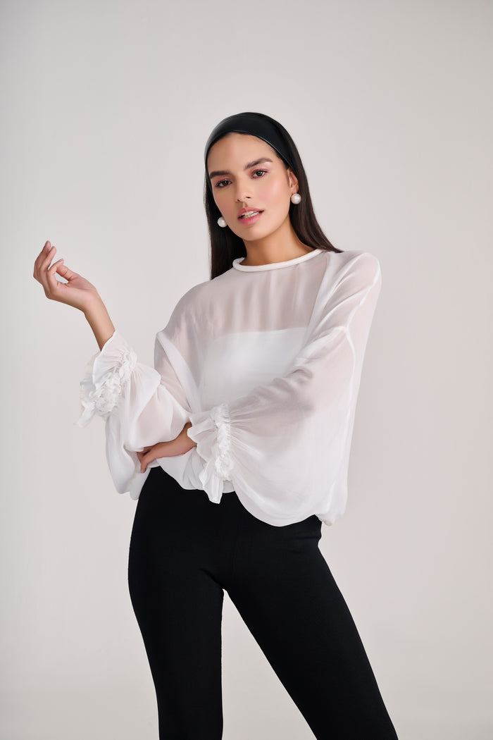White Sheer Chiffon Full Sleeves Top With Ruffle Detail on Cuff