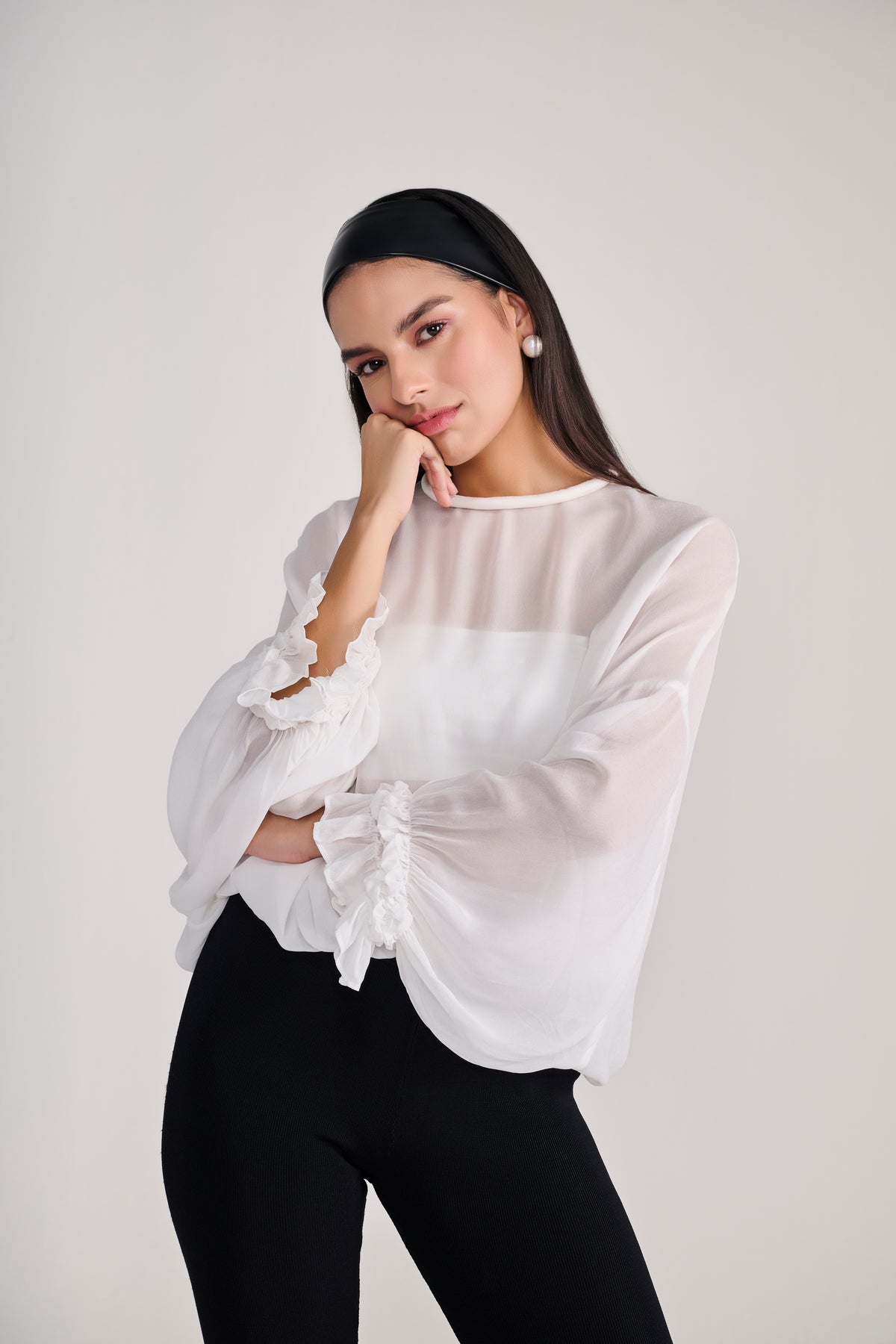 White Sheer Chiffon Full Sleeves Top With Ruffle Detail on Cuff