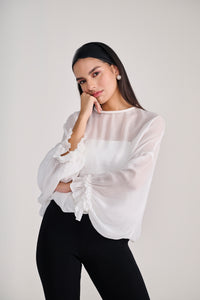 White Sheer Chiffon Full Sleeves Top With Ruffle Detail on Cuff