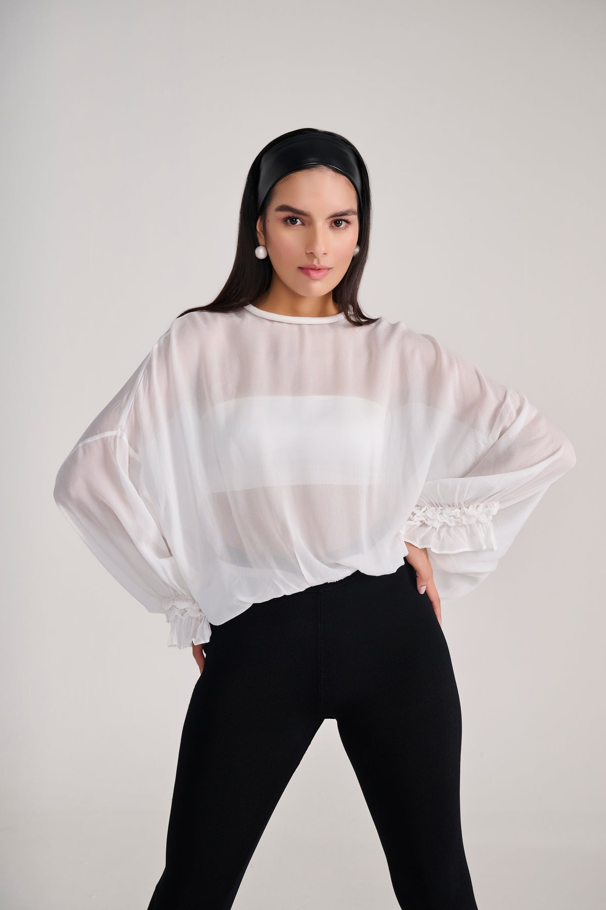 White Sheer Chiffon Full Sleeves Top With Ruffle Detail on Cuff