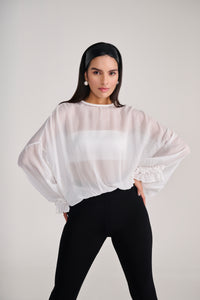 White Sheer Chiffon Full Sleeves Top With Ruffle Detail on Cuff