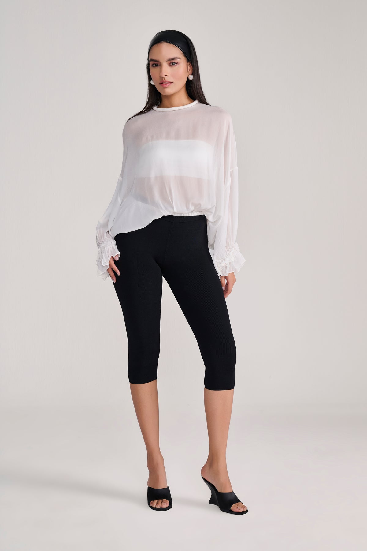 White Sheer Chiffon Full Sleeves Top With Ruffle Detail on Cuff