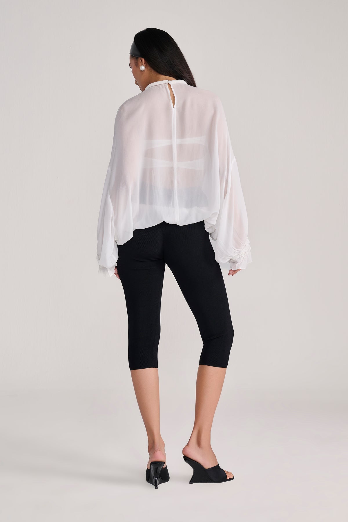 White Sheer Chiffon Full Sleeves Top With Ruffle Detail on Cuff