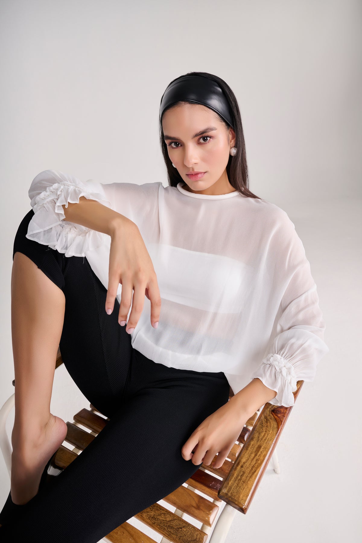 White Sheer Chiffon Full Sleeves Top With Ruffle Detail on Cuff
