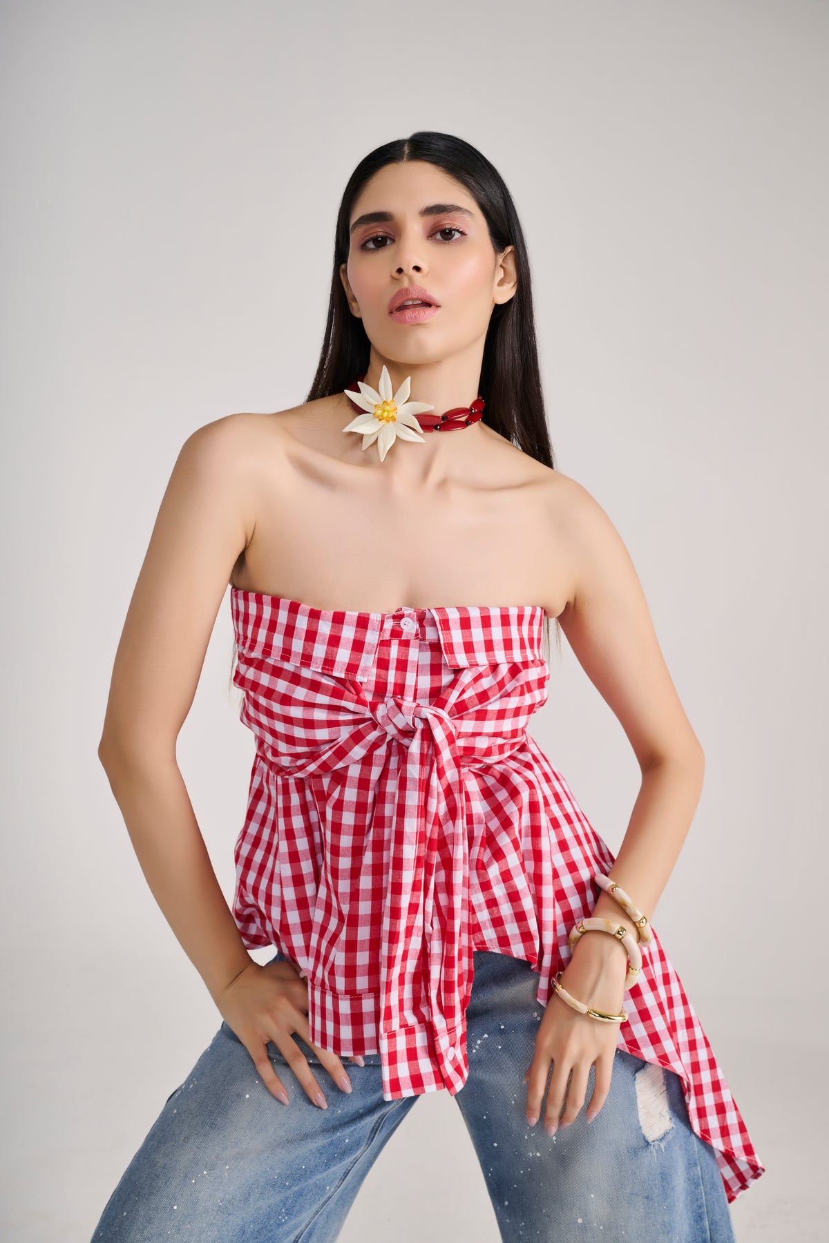 Red Gingham Check Tube Top