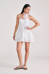 White Strapless Eyelet Mini Dress With Tiered Bottom