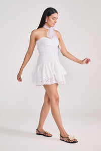 White Strapless Eyelet Mini Dress With Tiered Bottom