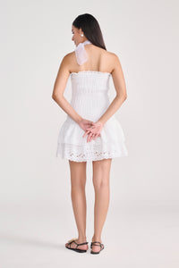 White Strapless Eyelet Mini Dress With Tiered Bottom