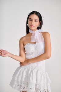 White Strapless Eyelet Mini Dress With Tiered Bottom