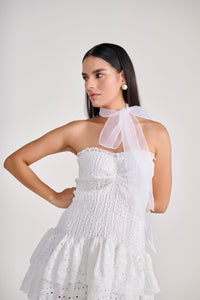White Strapless Eyelet Mini Dress With Tiered Bottom