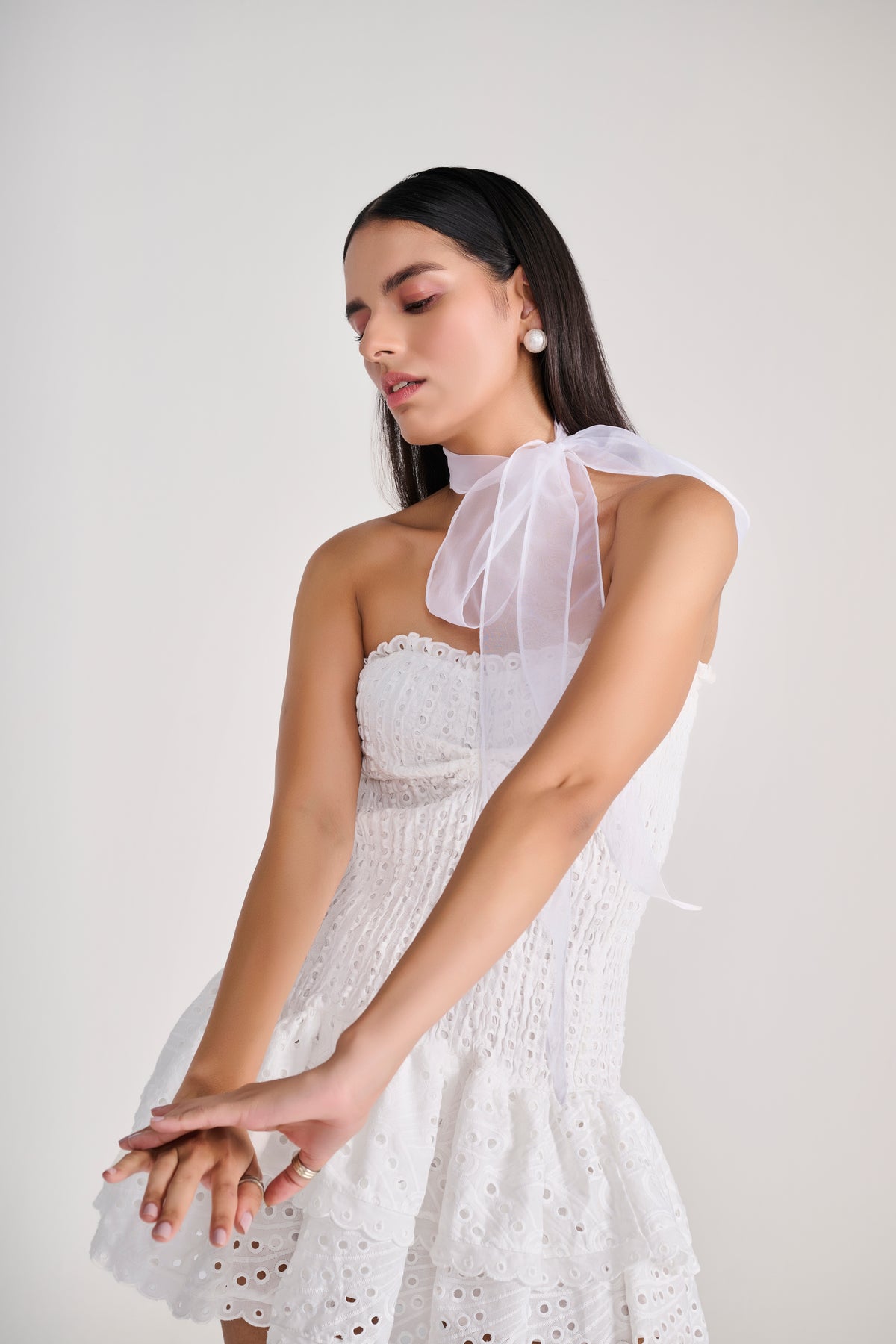 White Strapless Eyelet Mini Dress With Tiered Bottom