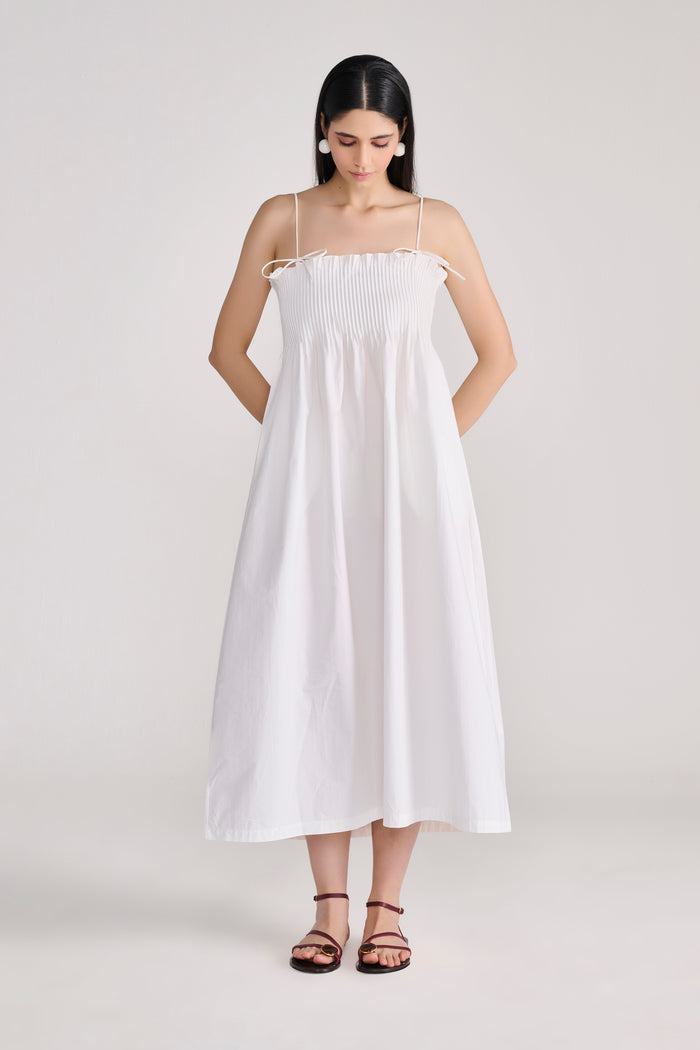 White Pin-tuck Detail Cotton Maxi Dress