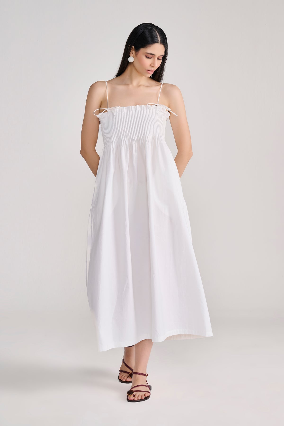 White Pin-tuck Detail Cotton Maxi Dress