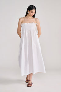 White Pin-tuck Detail Cotton Maxi Dress