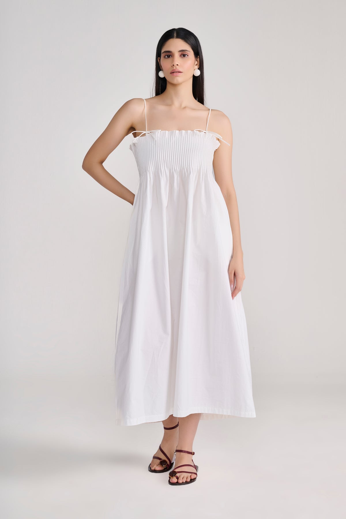 White Pin-tuck Detail Cotton Maxi Dress