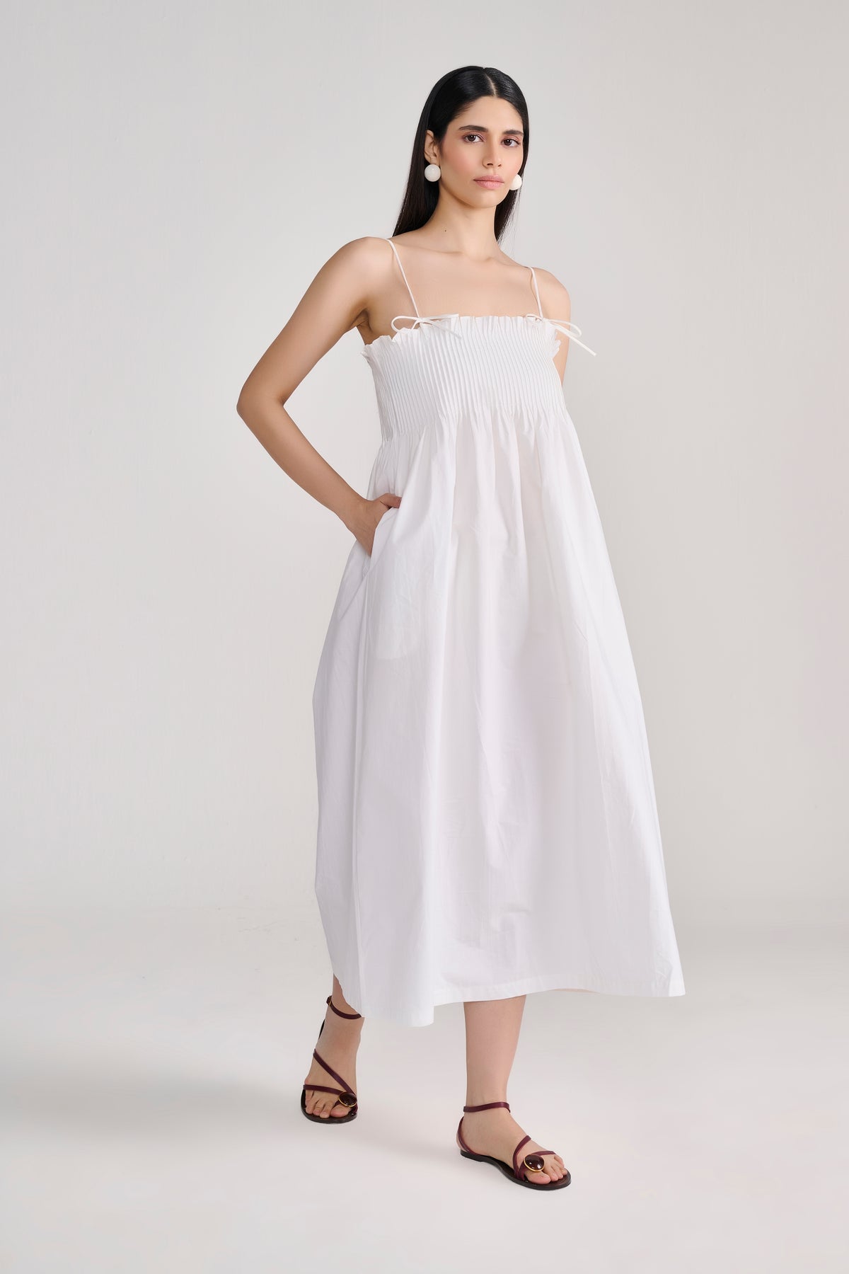 White Pin-tuck Detail Cotton Maxi Dress