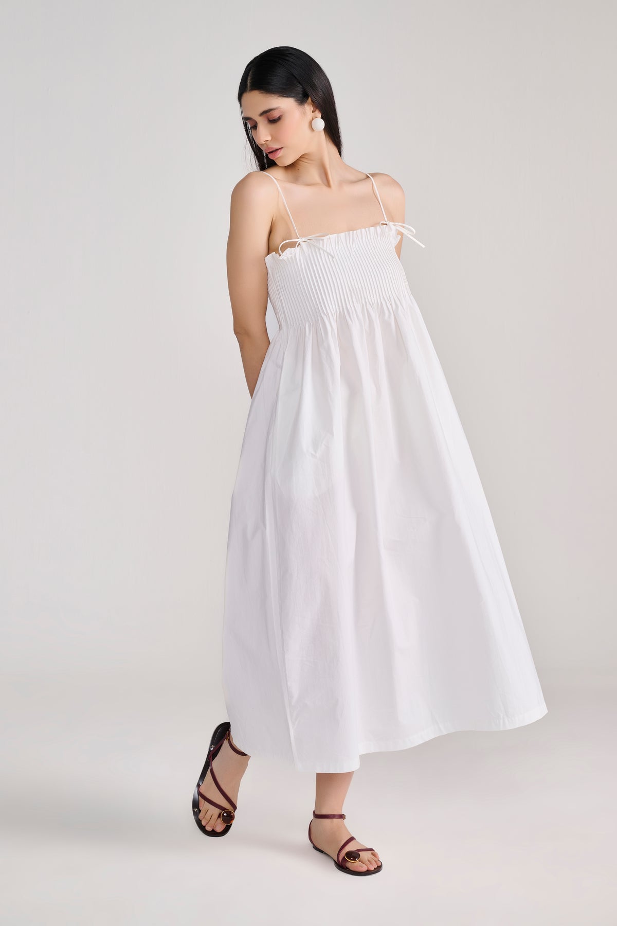 White Pin-tuck Detail Cotton Maxi Dress
