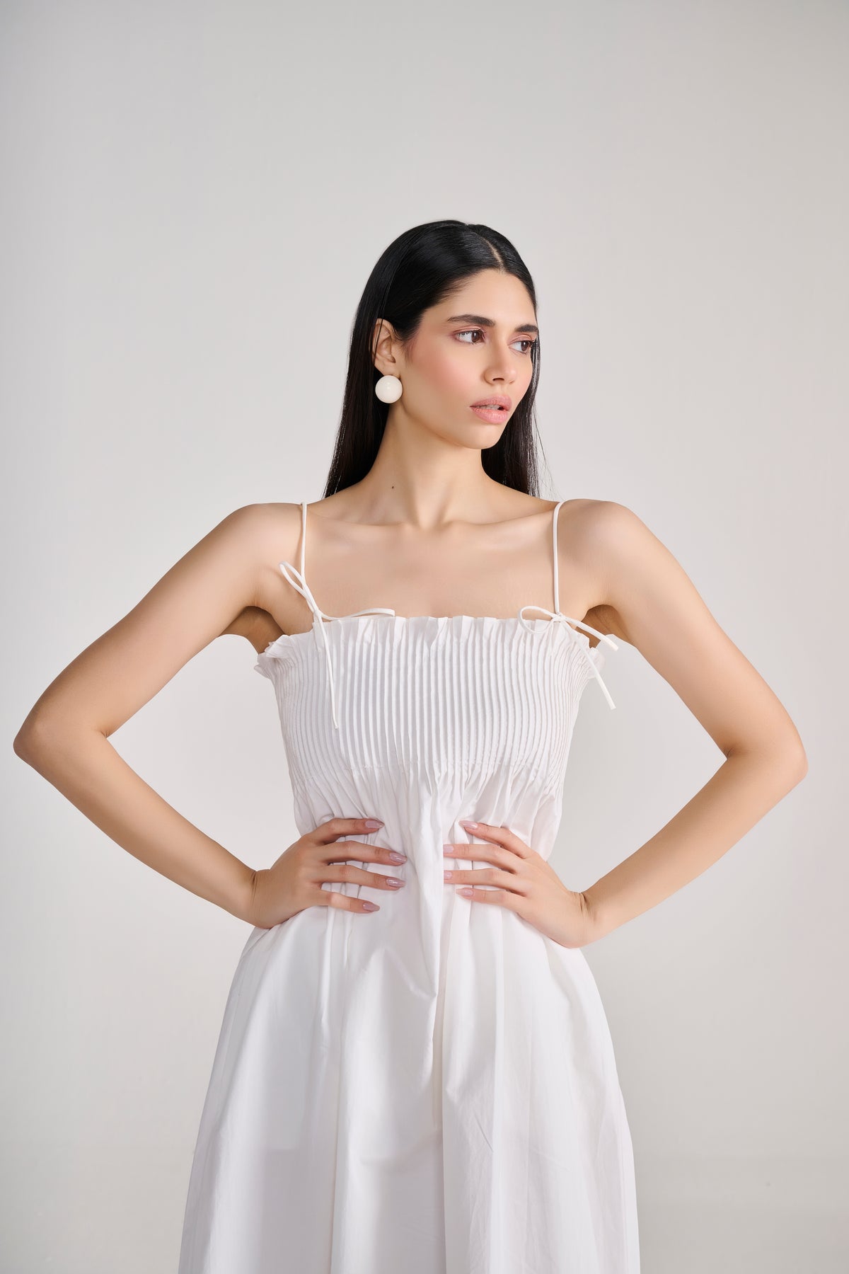 White Pin-tuck Detail Cotton Maxi Dress