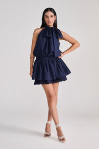 Navy Blue Sleeveless Mini Dress With Bow & Eyelet Detail