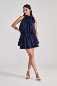 Navy Blue Sleeveless Mini Dress With Bow & Eyelet Detail