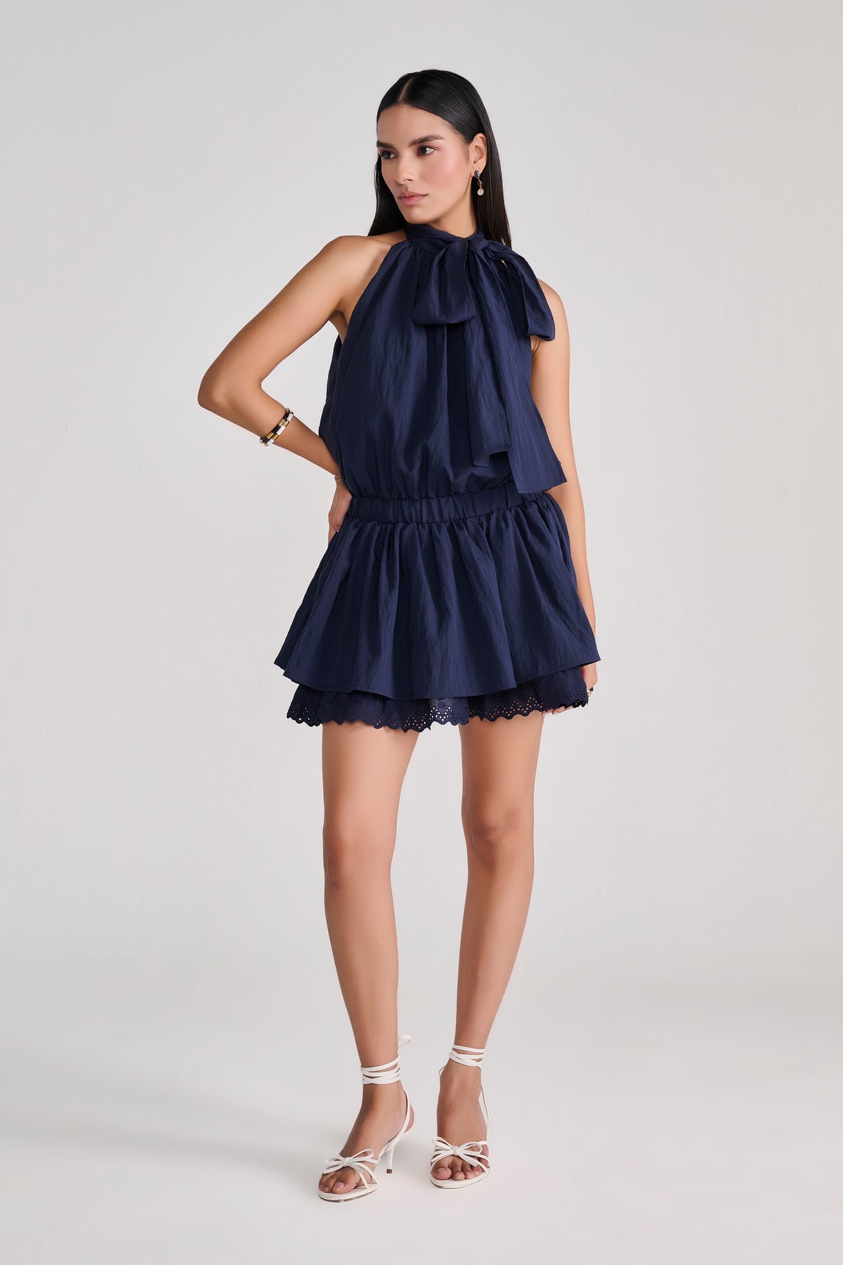 Navy Blue Sleeveless Mini Dress With Bow & Eyelet Detail