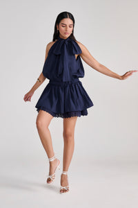Navy Blue Sleeveless Mini Dress With Bow & Eyelet Detail