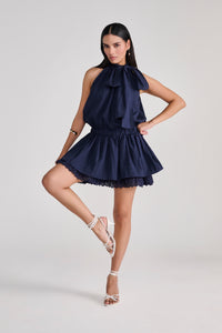 Navy Blue Sleeveless Mini Dress With Bow & Eyelet Detail