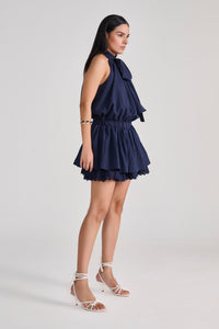 Navy Blue Sleeveless Mini Dress With Bow & Eyelet Detail