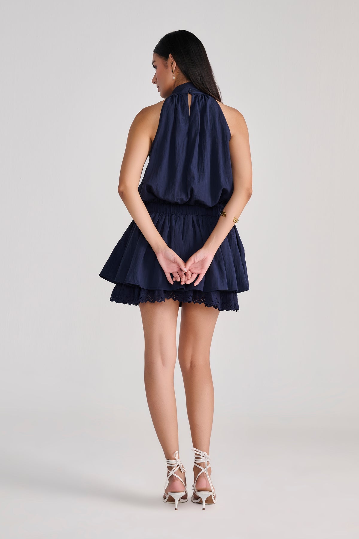 Navy Blue Sleeveless Mini Dress With Bow & Eyelet Detail