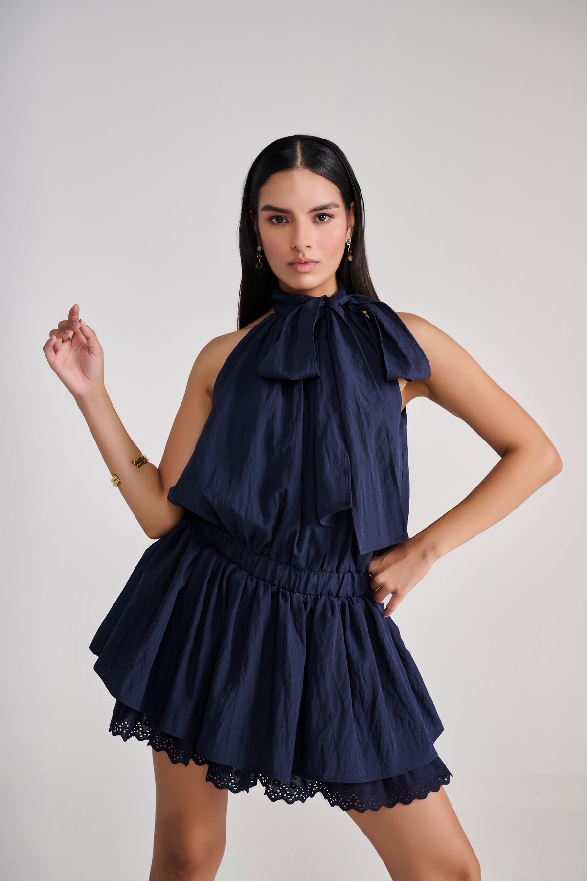 Navy Blue Sleeveless Mini Dress With Bow & Eyelet Detail